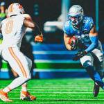 Seahawks tight end AJ Barner (88) runs with the ball during a game against the Tampa Bay Buccaneers on Sunday, Oct. 5, 2025 at Lumen Field in Seattle, Washington. (Photo courtesy of the Seattle Seahawks)