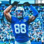 Seahawks tight end AJ Barner (88) celebrates during a game against the Tampa Bay Buccaneers on Sunday, Oct. 5, 2025 at Lumen Field in Seattle, Washington. (Photo courtesy of the Seattle Seahawks)