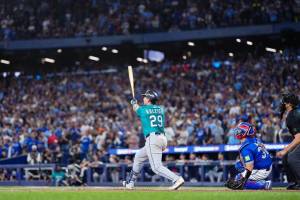 Seattle Mariners catcher Cal Raleigh (29) hits a home run against the Toronto Blue Jays on Sunday, Oct. 12, 2025 at the Roger Centre. (The Athletic)