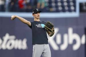 George Kirby of the Seattle Mariners warms up prior to Game One of the American League Championship Series between the Seattle Mariners and the Toronto Blue Jays at Rogers Centre on Sunday, October 12, 2025 in Toronto. (Photo by Colton Hall / Getty Images / The Athletic)