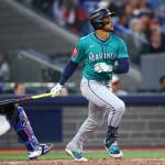Jorge Polanco (7) of the Seattle Mariners hits a three-run home run against the Toronto Blue Jays during the fifth inning in game two of the American League Championship Series at Rogers Centre on October 13, 2025 in Toronto. (Photo by Vaughn Ridley / Getty Images / The Athletic)
