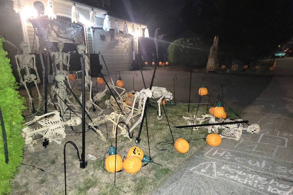 The aftermath of a vandalism incident to the Irwin familys skeleton army display outside their Everett home. (Paul Irwin)