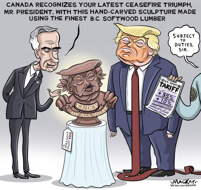 Editorial Cartoon by Graeme MacKay, The Hamilton Spectator – Wednesday October 15, 2025

The optimism of Middle East peace efforts is overshadowed by escalating U.S.-Canada trade tensions under Trump's economic policies.

Peace Talks in the Middle East, Trade Wars at Home

The world watched with bated breath as Prime Minister Mark Carney stood alongside President Donald Trump and other world leaders in Egypt, marking a hopeful step towards peace in the Middle East. The ceasefire agreement between Israel and Hamas, facilitated by international diplomacy, has not only brought a moment of relief but also a tangible outcome: the release of the remaining hostages held by Hamas. This development is a testament to the power of persistent diplomatic efforts and international cooperation, offering a flicker of hope for a conflict-weary region.

The success of this peace initiative, however, is juxtaposed against a backdrop of escalating trade tensions between the United States and its traditional allies, including Canada. As Carney navigates the complexities of international diplomacy, he must also contend with the harsh realities of a trade war instigated by the U.S. administration. President Trump's recent imposition of additional tariffs on Canadian softwood lumber, steel, aluminum, and autos underscores a growing rift that threatens to undermine the very unity celebrated at the peace summit.

News: Carney attends Gaza peace deal signing in Egypt, praises release of hostages  https://www.ctvnews.ca/politics/article/carney-in-egypt-for-gaza-peace-deal-signing-praises-release-of-hostages/

The joy of seeing hostages return to their families and the optimism surrounding the ceasefire is undeniably significant. It represents a moment where international leaders, despite their differences, came together to address a humanitarian crisis. Yet, while the ink was still drying on the peace agreement, Canadian industries were grappling with the impact of increased tariffs, which a