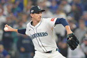 Seattle pitcher George Kirby pitches against the Detroit Tigers at T-Mobile Park on Friday, Oct. 10, 2025 in Seattle, Washington.