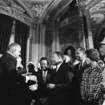 In an official White House photo, President Lyndon Johnson shakes hands with Dr. Martin Luther King Jr. after signing the Voting Rights Act of 1965, in Washington on Aug. 6, 1965. The Supreme Court has shown a willingness to chip away at the landmark civil rights legislation. A Louisiana case could unravel much of its remaining power. (Yoichi Okamoto/Lyndon B. Johnson Library via The New York Times) — NO SALES. FOR EDITORIAL USE ONLY. —