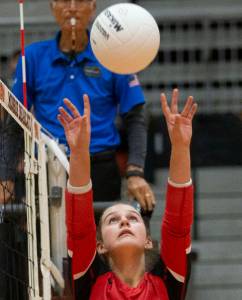Snohomish’s Maggie Cavanaugh sets the ball during the game against Monroe on Wednesday, Oct. 16, 2024 in Monroe, Washington. (Olivia Vanni / The Herald)