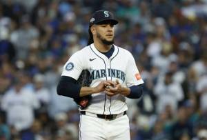 Luis Castillo (58) of the Seattle Mariners looks on during the second inning against the Toronto Blue Jays in game four of the American League Championship Series at T-Mobile Park on October 16, 2025 in Seattle, Washington. (Alika Jenner / Getty Images / The Athletic)