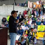 Gov. Bob Ferguson addresses a No Kings rally on Saturday, Oct. 18, 2025, in Everett, Washington. (Jacquelyn Jimenez Romero / Washington State Standard)