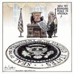 THis is an editorial cartoon by Michael de Adder . Michael de Adder was born in Moncton, New Brunswick. He studied art at Mount Allison University where he received a Bachelor of Fine Arts in drawing and painting. He began his career working for The Coast, a Halifax-based alternative weekly, drawing a popular comic strip called Walterworld which lampooned the then-current mayor of Halifax, Walter Fitzgerald. This led to freelance jobs at The Chronicle-Herald and The Hill Times in Ottawa, Ontario.

 

After freelancing for a few years, de Adder landed his first full time cartooning job at the Halifax Daily News. After the Daily News folded in 2008, he became the full-time freelance cartoonist at New Brunswick Publishing. He was let go for political views expressed through his work including a cartoon depicting U.S. President Donald Trump’s border policies. He now freelances for the Halifax Chronicle Herald, the Toronto Star, Ottawa Hill Times and Counterpoint in the USA. He has over a million readers per day and is considered the most read cartoonist in Canada.

 

Michael de Adder has won numerous awards for his work, including seven Atlantic Journalism Awards plus a Gold Innovation Award for news animation in 2008. He won the Association of Editorial Cartoonists' 2002 Golden Spike Award for best editorial cartoon spiked by an editor and the Association of Canadian Cartoonists 2014 Townsend Award. The National Cartoonists Society for the Reuben Award has shortlisted him in the Editorial Cartooning category. He is a past president of the Association of Canadian Editorial Cartoonists and spent 10 years on the board of the Cartoonists Rights Network.