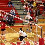 Stanwood senior Addison Bowie elevates for a spike during the Spartans 3-1 win against Snohomish at Stanwood High School on Oct. 21, 2025. (Joe Pohoryles / The Herald)