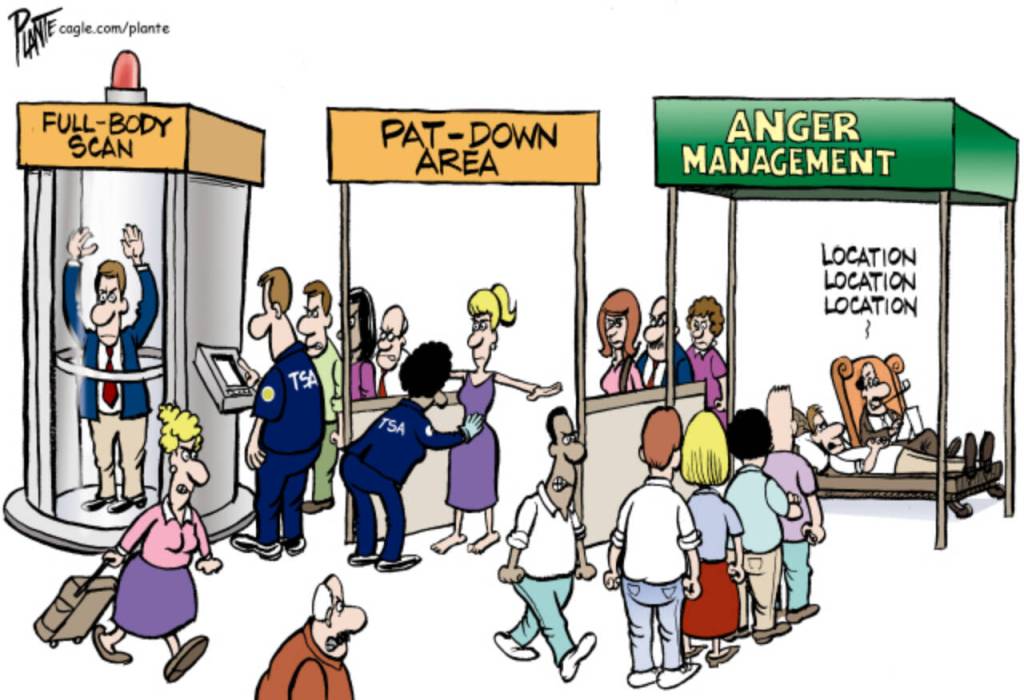 Airport Downers, airlines, government shutdown, Full-body Scan, Pat-down Area, Anger Management, TSA, without paycheck, no paycheck, delays, flight cancellations, crowds, angry crowds