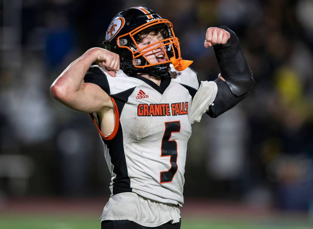 Granite Falls Beau Everson reacts after scoring a touchdown during the game against Cedar Park Christian on Oct. 24, 2025 in Kirkland, Washington. (Olivia Vanni / The Herald)