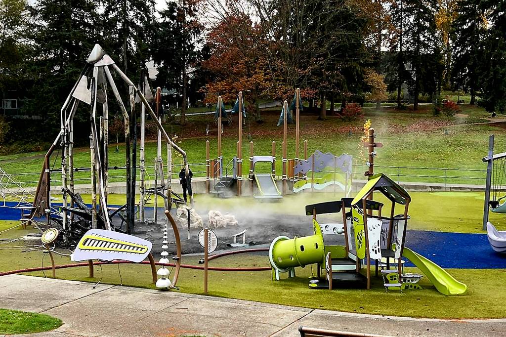 The playground's main equipment was a complete loss, according to Everett Fire Department spokesperson Rachael Doniger. The cause of the fire is under investigation. (Everett Fire Department)