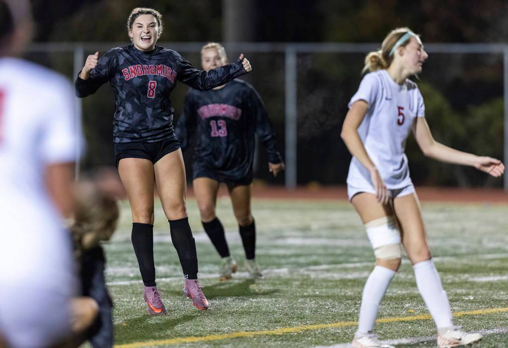 Snohomishs Danica Avalos reacts to scoring a goal during the game against Stanwood on Oct. 27, 2025 in Snohomish, Washington. (Olivia Vanni / The Herald)