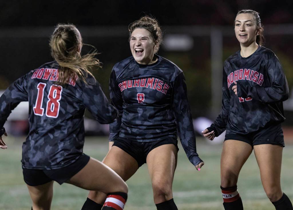 Snohomishs Danica Avalos celebrates scoring a goal during the game against Stanwood on Oct. 27, 2025 in Snohomish, Washington. (Olivia Vanni / The Herald)