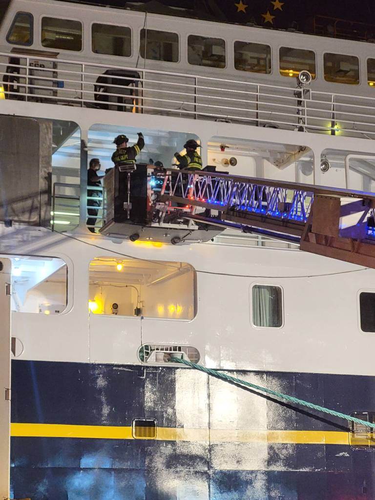 First responders extricate an unresponsive employee from a ferry docked at the Port of Everett terminal on Tuesday, Oct. 28, 2025, in Everett, Washington. (Everett Fire Department)