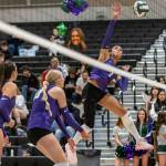 Edmonds-Woodways Indira Carey-Boxley spikes the ball during the game against Lynnwood on Oct. 29, 2025 in Edmonds, Washington. (Olivia Vanni / The Herald)