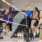 Lynnwoods Audrey Williams spikes the ball over the net during the game against Edmonds-Woodway on Oct. 29, 2025 in Edmonds, Washington. (Olivia Vanni / The Herald)