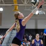 Edmonds-Woodways Eva Belova reaches up to tip the ball over the net during the game against Lynnwood on Oct. 29, 2025 in Edmonds, Washington. (Olivia Vanni / The Herald)
