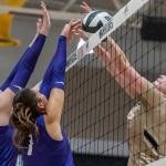 Edmonds-Woodways Bianca Binkley tips the ball over the top of the net during the game against Lynnwood on Oct. 29, 2025 in Edmonds, Washington. (Olivia Vanni / The Herald)