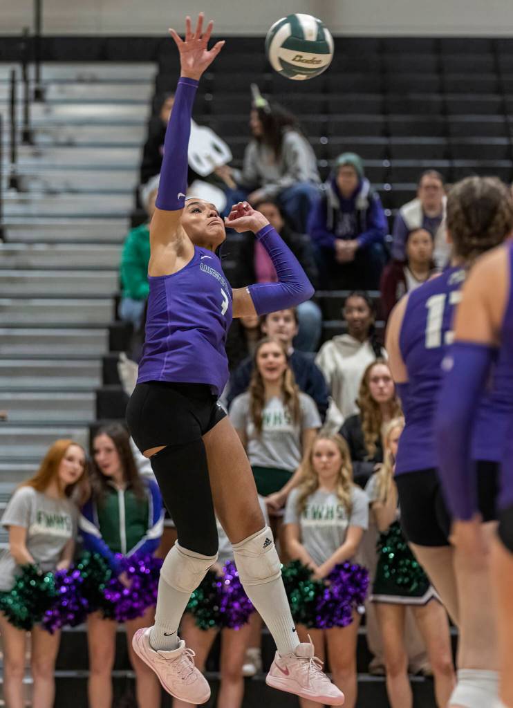 Edmonds-Woodways Indira Carey-Boxley spikes the ball during the game against Lynnwood on Oct. 29, 2025 in Edmonds, Washington. (Olivia Vanni / The Herald)