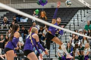 Edmonds-Woodway’s Indira Carey-Boxley spikes the ball during the game against Lynnwood on Oct. 29, 2025 in Edmonds, Washington. (Olivia Vanni / The Herald)