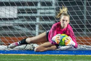 Archbishop Murphys Elle Kahn stops a shot on goal during the game against Shorecrest on Tuesday, Sept. 17, 2024 in Shoreline, Washington. (Olivia Vanni / The Herald)