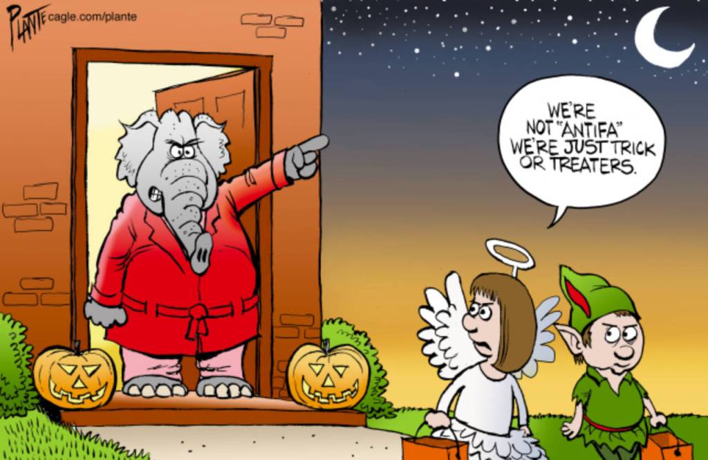 We're just trick or treaters, antifa, paranoia, paranoid, GOP, RNC, Republican Party, President Donald J. Trump, Halloween, elephant, front porch, angel, Peter Pan
