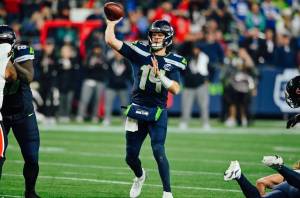 Seahawks quarterback Sam Darnold throws a pass in a game against the Houston Texans on Oct. 20, 2025 at Lumen Field in Seattle, Washington. (Photo courtesy of the Seattle Seahawks)