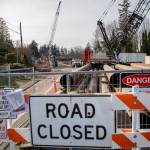 Construction on Edgewater Bridge along Mukilteo Boulevard on Jan. 22, 2025. (Olivia Vanni / The Herald)