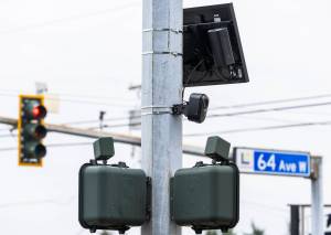A Flock Safety camera on the corner of 64th Avenue West and 196th Street Southwest on Oct. 28, 2025 in Lynnwood, Washington. (Olivia Vanni / The Herald)