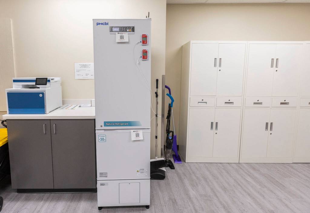 A vaccine refrigerator and lab inside the new Student Health Clinic at Everett High School on Oct. 30, 2025 in Everett, Washington. (Olivia Vanni / The Herald)