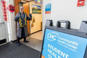 Everett High School Principal Kelly Shepherd opens up the new Student Health Clinic at the school on Oct. 30, 2025 in Everett, Washington. (Olivia Vanni / The Herald)