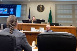 Skagit County Superior Court Judge Elizabeth Neidzwski listens to Attorney Timothy Hall at Skagit County Superior Court on Nov. 6, 2025 in Mount Vernon, Washington. (Jenna Peterson / The Herald)