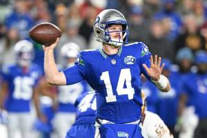 Sam Darnold (14) of the Seattle Seahawks throws the ball against the Washington Commanders during the third quarter in the game at Northwest Stadium on November 02, 2025 in Landover, Maryland. (Greg Fiume / Getty Images / The Athletic)