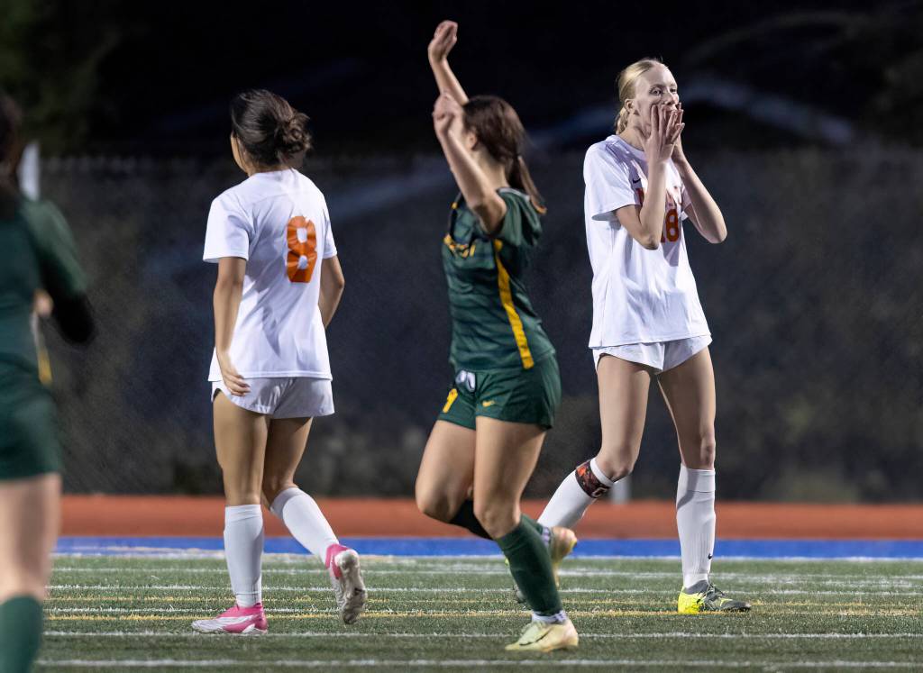 Monroes Sophie Imbeau reacts to a goal scored by Shorecrest during the 3A girls district game on Nov. 4, 2025 in Shoreline, Washington. (Olivia Vanni / The Herald)