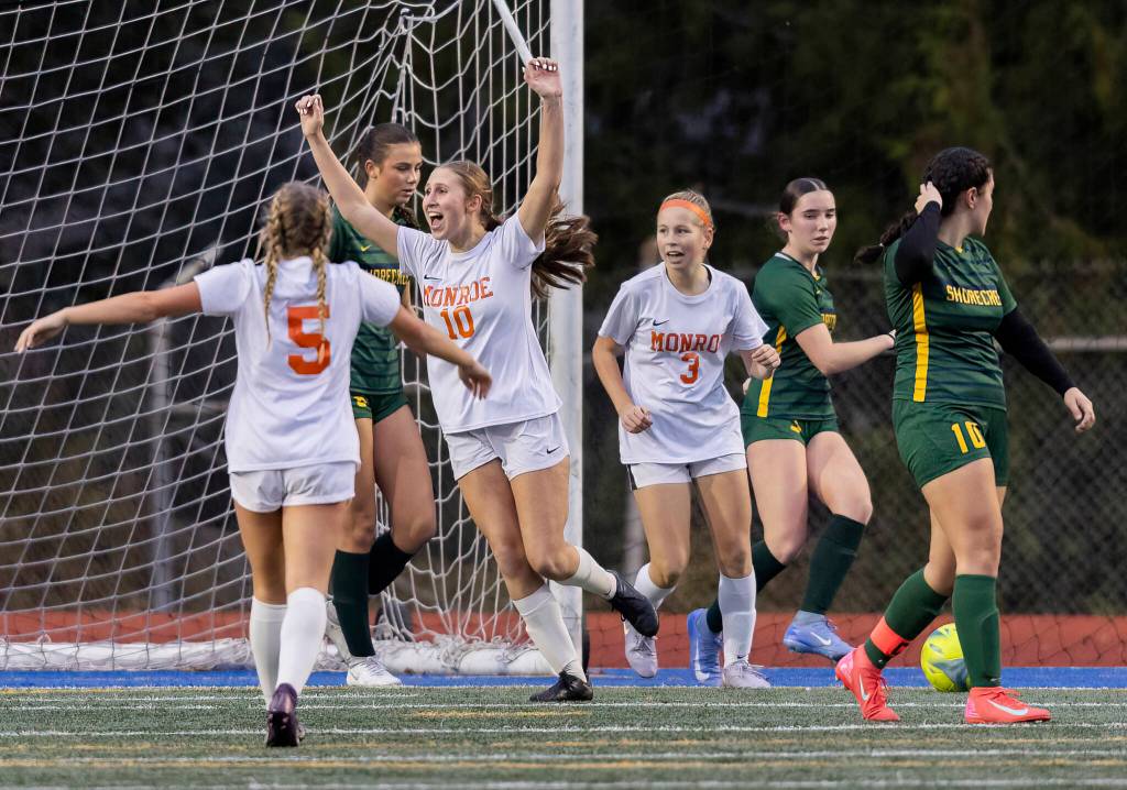 Monroes Anfield Kelly celebrates scoring a goal against Shorecrest during the 3A girls district game on Nov. 4, 2025 in Shoreline, Washington. (Olivia Vanni / The Herald)