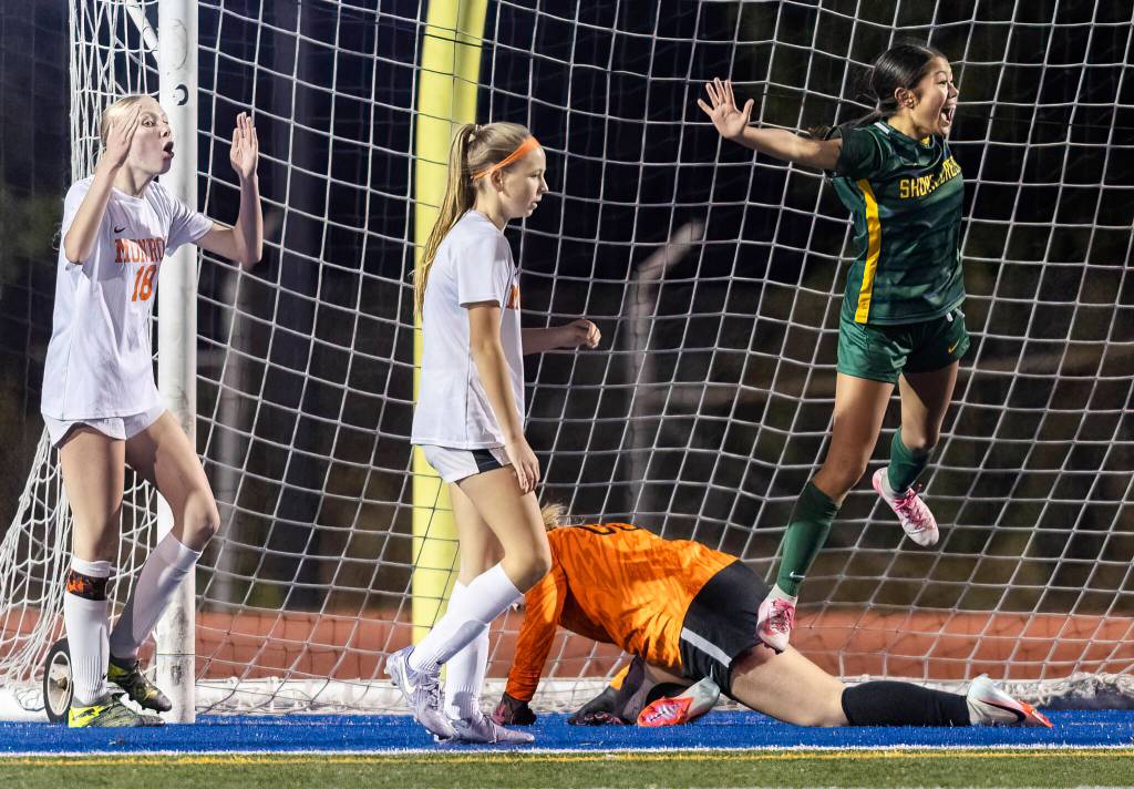 Shorecrests Nemesia Peters jumps in the air after scoring a goal against Monroe during the 3A girls district game on Nov. 4, 2025 in Shoreline, Washington. (Olivia Vanni / The Herald)
