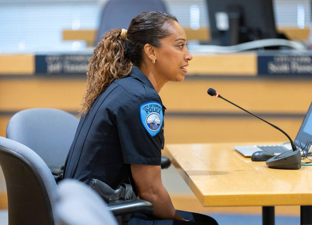 Edmonds Police Chief Loi Dawkins speaks after the city council approved her appointment on Tuesday, July 8, 2025 in Edmonds, Washington. (Olivia Vanni / The Herald)