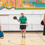 Roger Bel Air teaches a beginners pickleball clinic at the Frances Anderson Center on Monday, July 31, 2023 in Edmonds, Washington. (Olivia Vanni / The Herald)