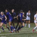 Lake Stevens Cora Jones celebrates her goal with teammates during the 4A girls district game against Jackson on Nov. 5, 2025 in Lake Stevens, Washington. (Olivia Vanni / The Herald)