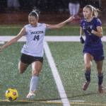 Jacksons Mailynn Jeffries crosses the ball during the 4A girls district game against Lake Stevens on Nov. 5, 2025 in Lake Stevens, Washington. (Olivia Vanni / The Herald)
