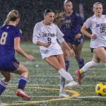 Jacksons Amelia Ford passes the ball during the 4A girls district game against Lake Stevens on Nov. 5, 2025 in Lake Stevens, Washington. (Olivia Vanni / The Herald)