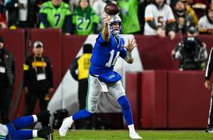 Seahawks quarterback Sam Darnold throws a pass against the Washington Commanders on Sunday, Nov. 2, 2025 at Northwest Stadium in Landover, Maryland. (Photo courtesy of the Seattle Seahawks)