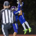 Lake Stevens Jayvian Ferrell celebrates his touchdown during the game against Arlington on Oct. 31, 2025 in Lake Stevens, Washington. (Olivia Vanni / The Herald)