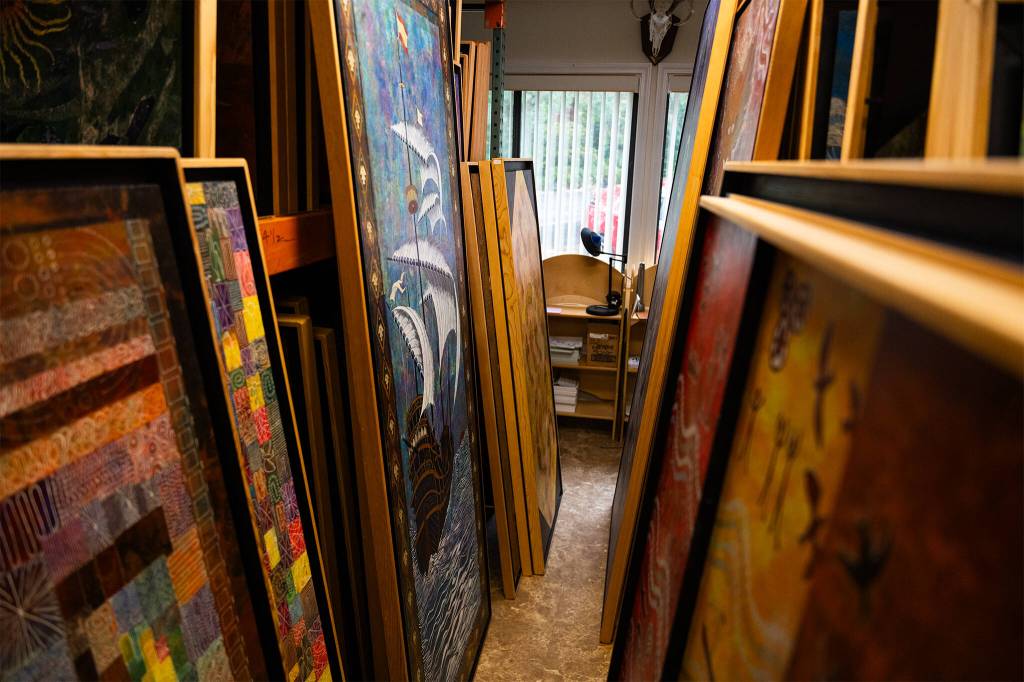 Paintings fill rooms in dElaine Herard Johnsons home on Wednesday, Nov. 12, 2025 in Edmonds, Washington. (Will Geschke / The Herald)