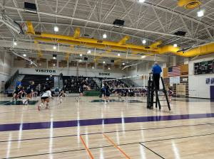 The Everett volleyball team sets the ball during a district quarterfinal match against Edmonds-Woodway on Tuesday, Oct. 11, 2025 at Edmonds-Woodway H.S. in Edmonds. (Qasim Ali / The Herald)