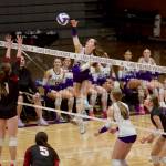 Lake Stevens senior Madison Sowers sends the ball over the net during the Vikings 3-0 win against Mount Si in the District 1/2 4A semifinals at Lake Stevens High School on Nov. 13, 2025. (Joe Pohoryles / The Herald)