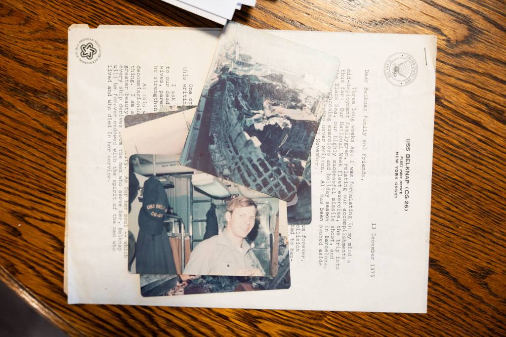 A photo of Roger Sharp from his time in the U.S. Navy, seen in his home on Nov. 14 in Marysville, Washington. (Will Geschke / The Herald)