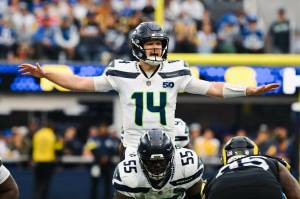 Seahawks quarterback Sam Darnold prepares for a play against the Los Angeles Rams on Sunday, Nov. 16, 2025 at SoFi Stadium in Inglewood, California. (Photo courtesy of the Seattle Seahawks)